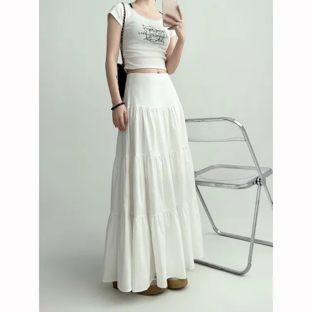 Gentle Cake White Skirt Women's Spring And Summer Big Hem Umbrella Skirt Pleated Slightly Fat Mid length White Brand - Shop at LoveMi