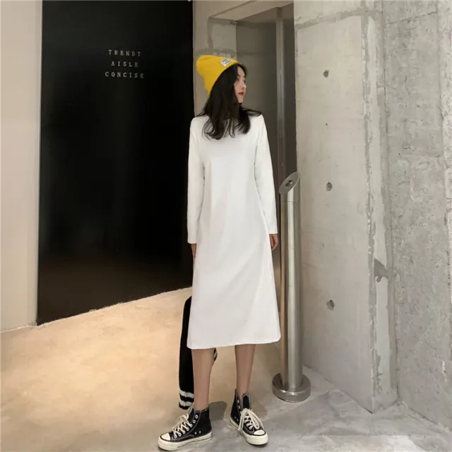 Loose fitting Figure flattering Long sleeved Straight cut Solid color Dress White - Shop at LoveMi