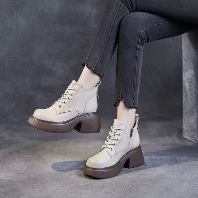 Womens Mid calf Boots With Thick Chunky Heels Beige - Shop at LoveMi
