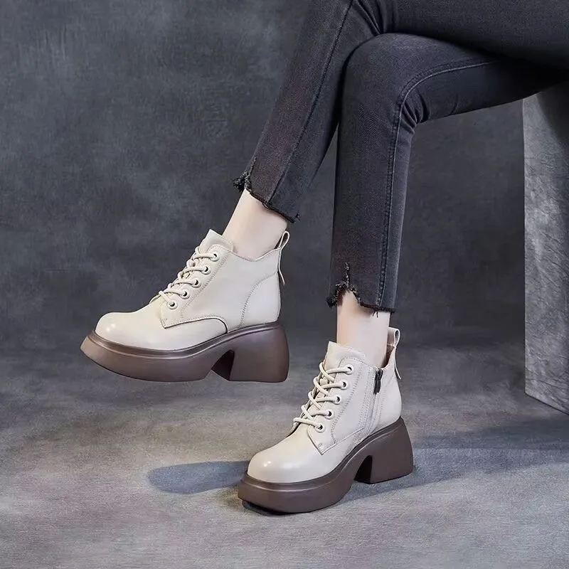 Womens Mid-calf Boots With Thick Chunky Heels - Beige