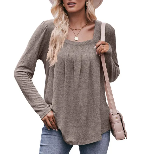 Casual Puff Sleeve Square Collar Pleated Long Sleeve Khaki - Shop at LoveMi