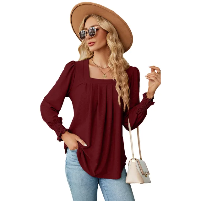 Women's Fashion Casual Jacquard Pleated Square Collar Long Sleeve Burgundy - Shop at LoveMi