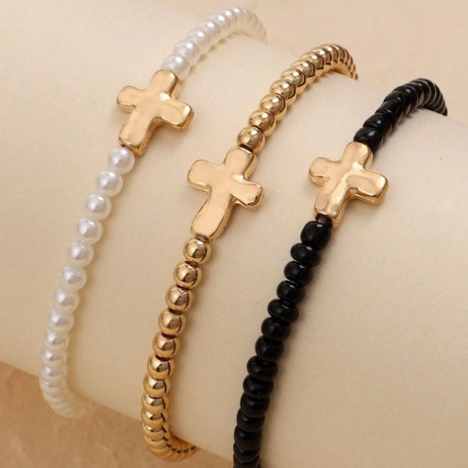 Beach-style Handmade Beaded Stretch Cross And Heart Charm Bracelet Set