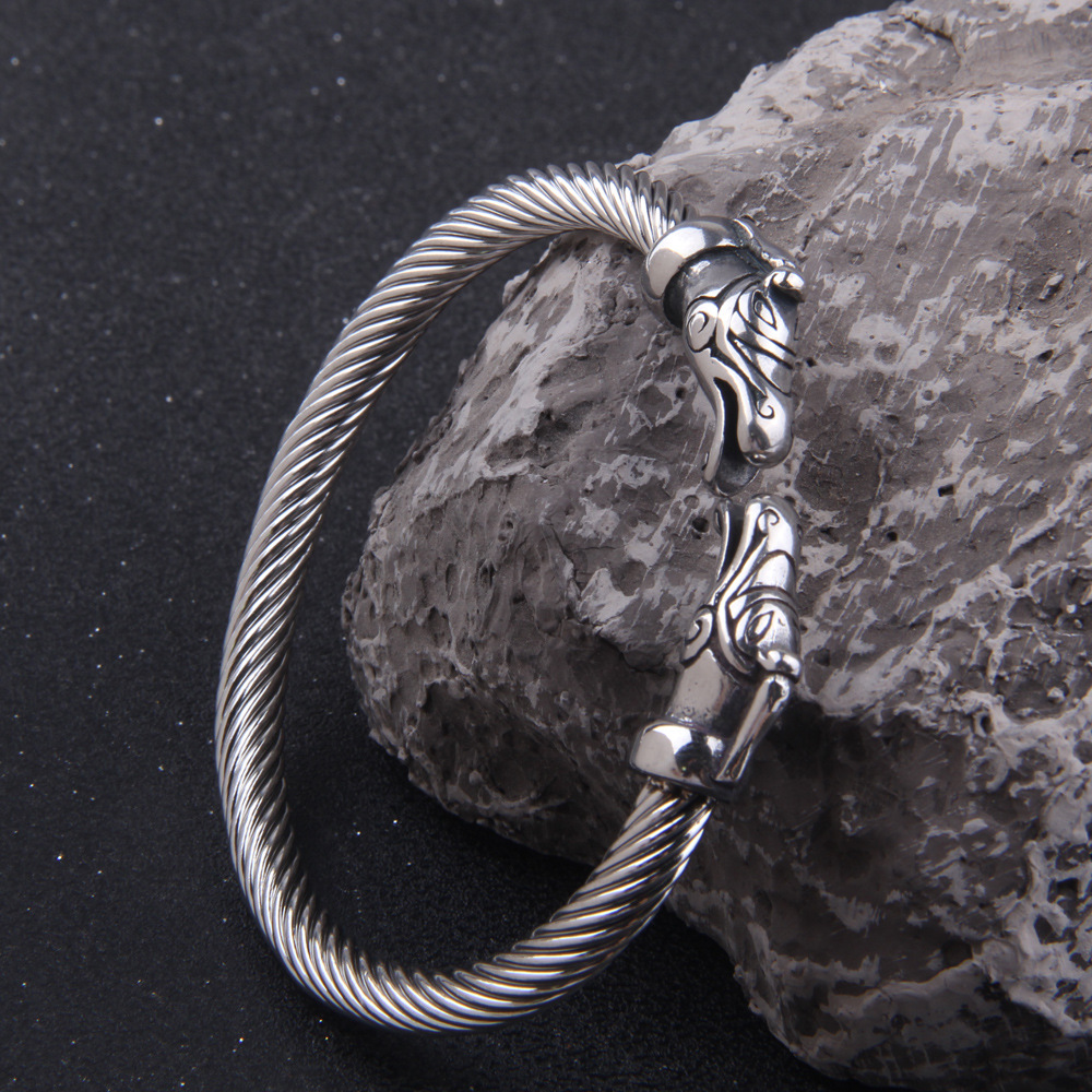 Stainless Steel Bracelet Fashionable Double-snake-head Titanium Steel Wire Rope Open-end Bracelet