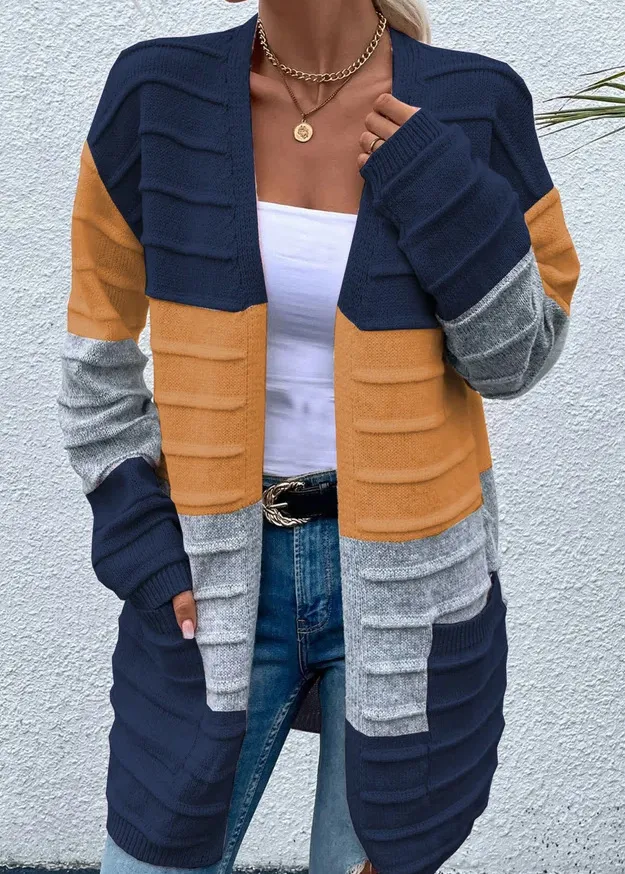 Sweater Women's Fashion Jacket With Big Pockets Autumn And Winter Long Striped Color Matching Cardigan Orange - Shop at LoveMi