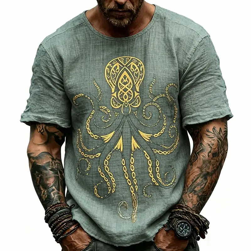 Summer Mens Loose Casual Bamboo-Texture Linen Short-Sleeve Shirt