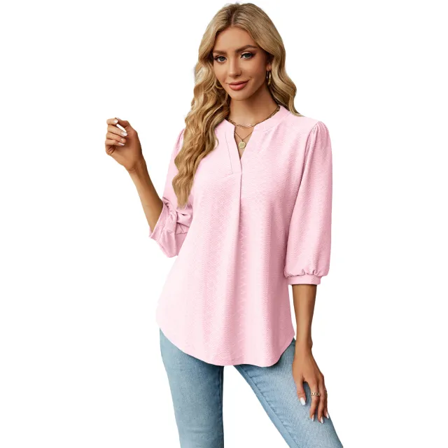 Solid Color Lace Collar Jacquard Long Sleeve Loose fitting T shirt Top Light Pink - Shop at LoveMi