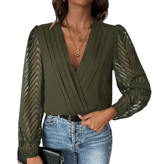All matching Solid Color And V neck Pleated Lace See through Long sleeved Jumpsuit Green - Shop at LoveMi