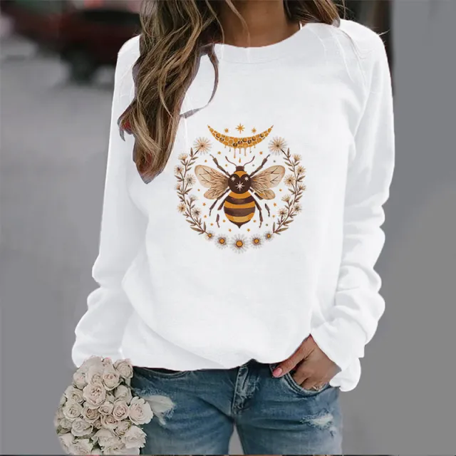 Women's Fashion Moon Bee Trendy Round Neck Sweater White - Shop at LoveMi
