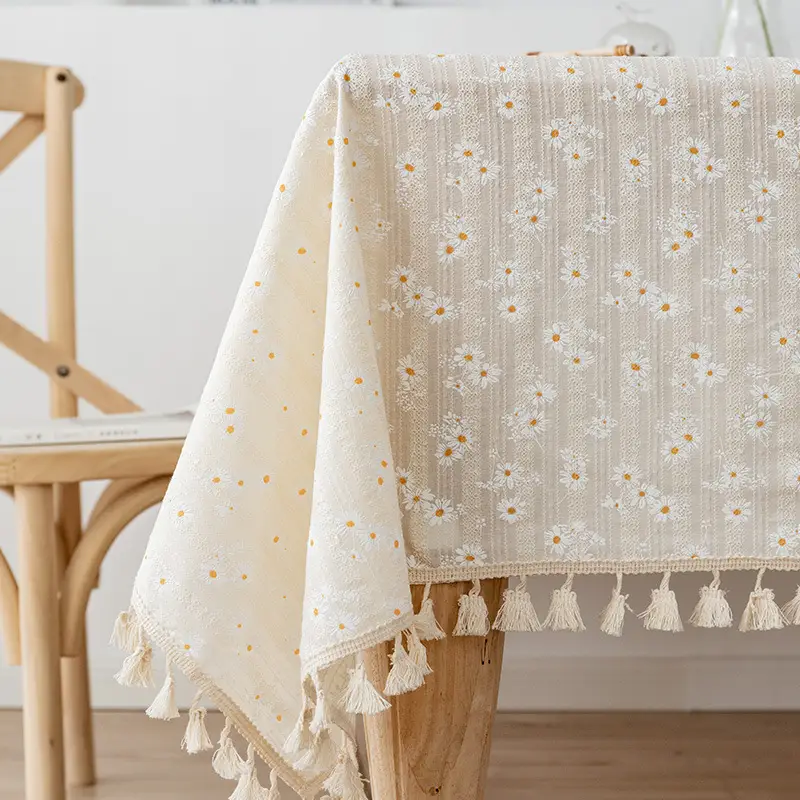 Pastoral Tassel Cotton Floral Tablecloth Desk Kitchen Wedding Restaurant Decoration Background Fabric