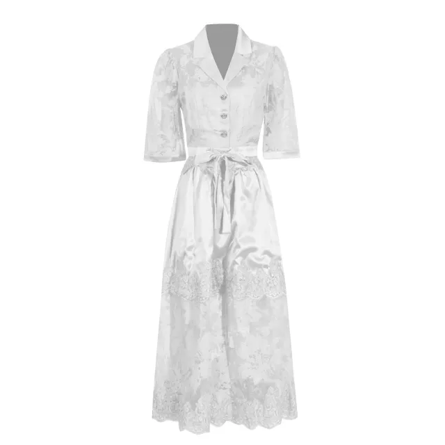 Lapel Embroidery Top High Waist Water Soluble Flower Mid length Dress Set Female Fashion White - Shop at LoveMi
