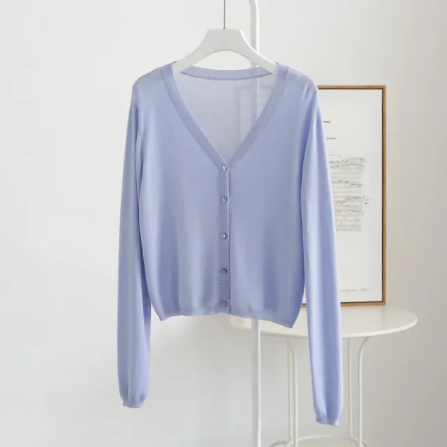Spring And Summer V neck Short Tencel Knitted Cardigan Pure Color All matching Light Blue - Shop at LoveMi