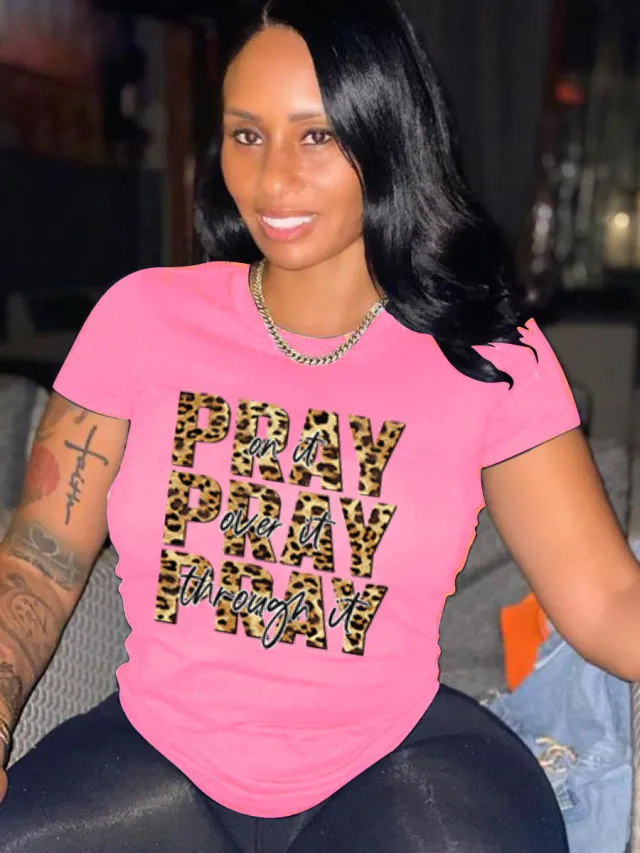 Leopard Print Blessing Letter Print Casual Short Sleeve T shirt Pink - Shop at LoveMi