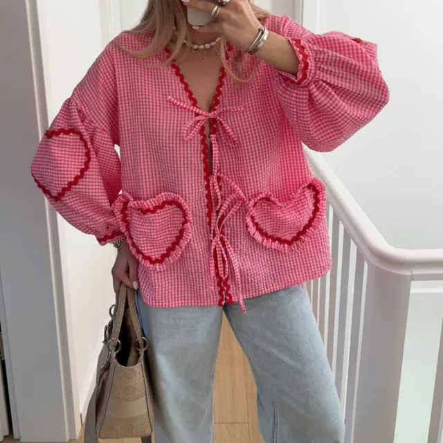 Women's Plaid V neck Shirt Love Pocket Long Sleeve Loose Top Plaid Red - Shop at LoveMi