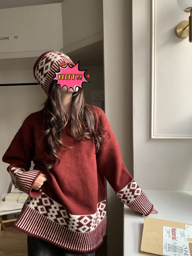 Women's Korean style Loose Casual Round Neck Brocade Sweater Red - Shop at LoveMi