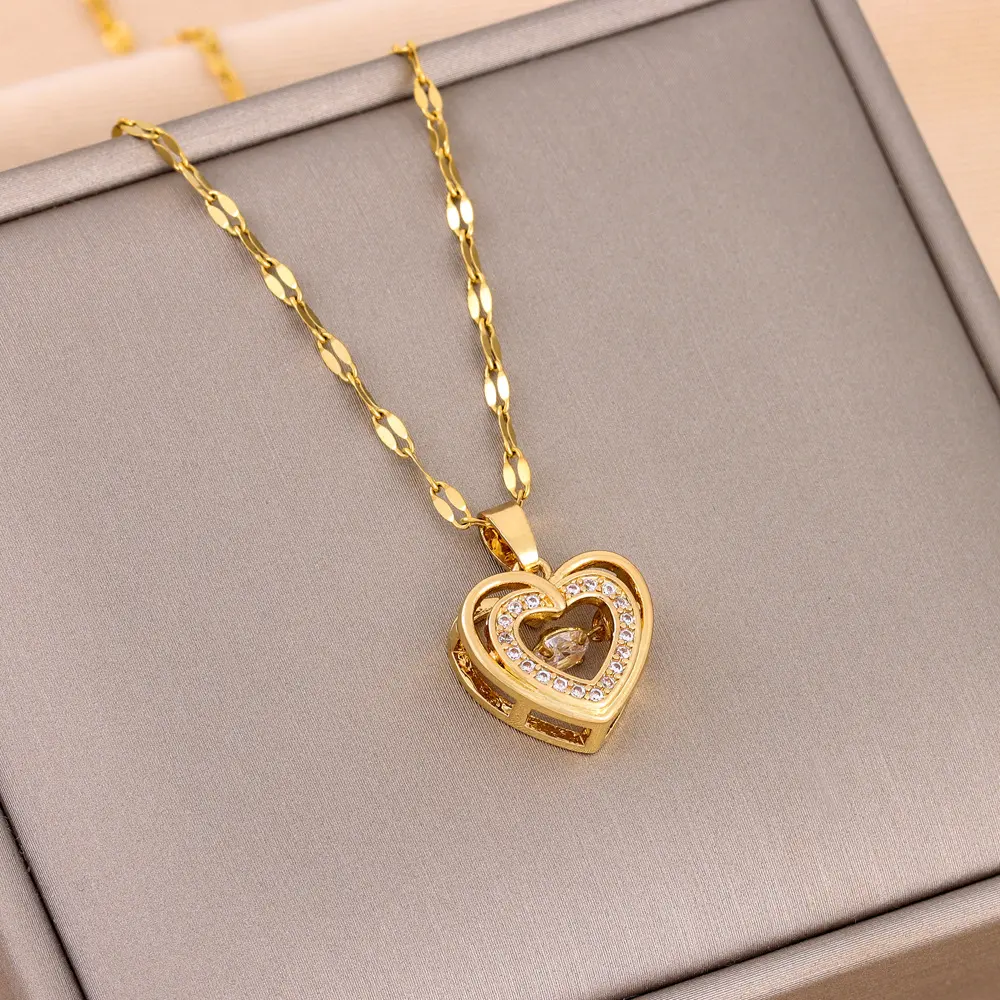 Double-layer Love Necklace with Rhinestones Titanium Steel Pendant Fashion