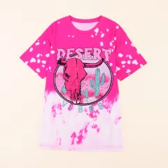 Crew Neck Casual Printed Loose T-shirt Women - Rose Red - View 1