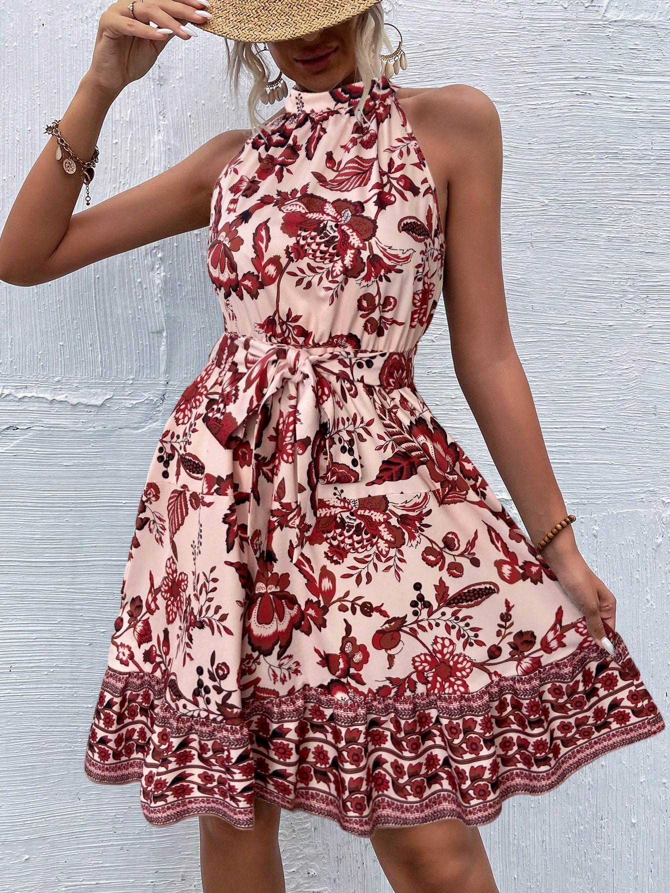 Fashion Floral Halter Waist Ladies Dress Red Flower - Shop at LoveMi