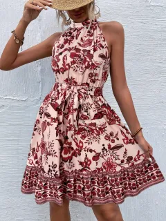 Fashion Floral Halter Waist Ladies Dress - Red Flower - View 1