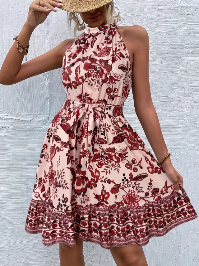 Fashion Floral Halter Waist Ladies Dress Red Flower - Shop at LoveMi