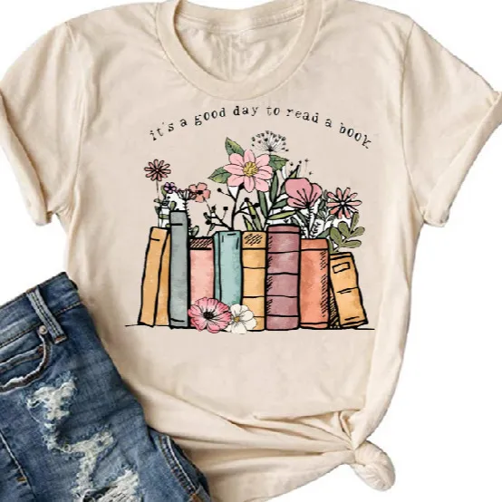 Book Flower Printed Colored Cotton T shirt 1 Colored Cotton 8 Apricot - Shop at LoveMi