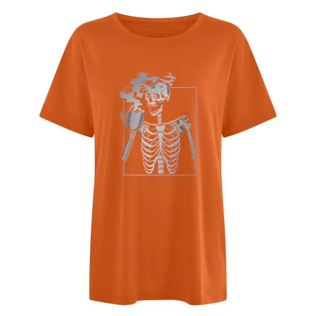 Drop Shoulder Short Sleeve Skull End Hot Drink Gradient Printing T shirt Orange - Shop at LoveMi