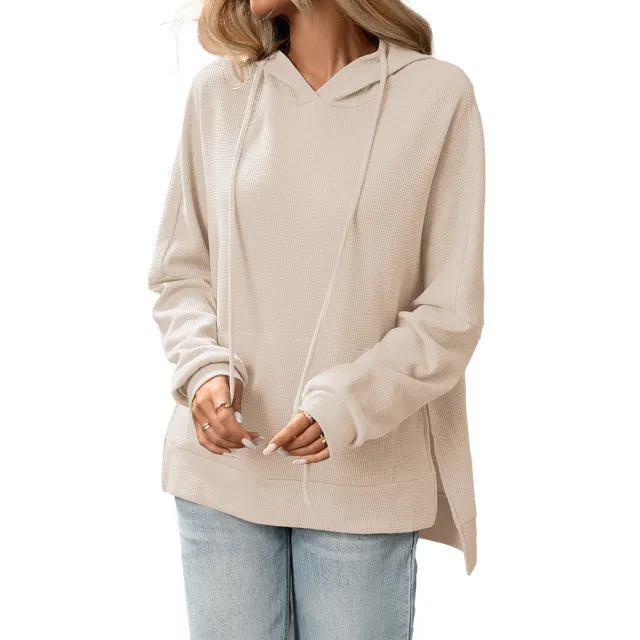 Waffle Knit Pullover Long Sleeve Sweater Apricot - Shop at LoveMi