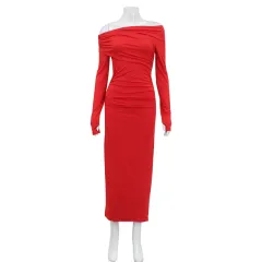 Elegant Vintage Off-shoulder Long-sleeve Dress - Red - View 1