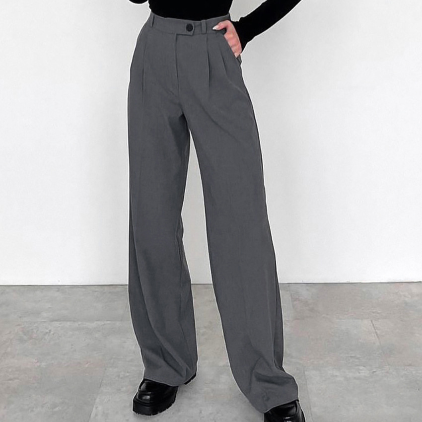 Gray High Waist Straight Commute Style Draped Trousers Pants