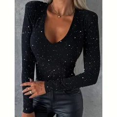 Women's Long-sleeved V-neck Tight Bottoming Casual Simple T-shirt Top - Deep Black Color - View 1