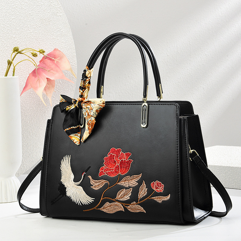 Womens New Chinese-Style National-Flair Embroidered Crane Fashion Crossbody Tote Bag