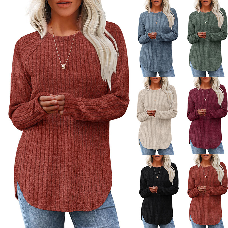 Women&#39;s Loose Round Neck High-Low Curved Hem Tops