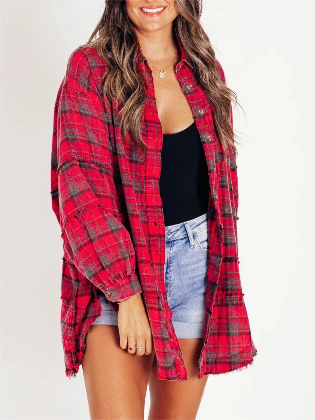 Autumn And Winter New Women's Tassel Long sleeved Top Loose Casual Plaid Shirt Coat Women Red - Shop at LoveMi