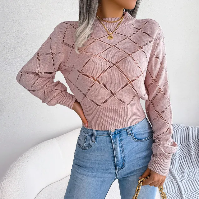 Hollow Plaid Long Sleeves Cropped Knitted Sweater Pink - Shop at LoveMi