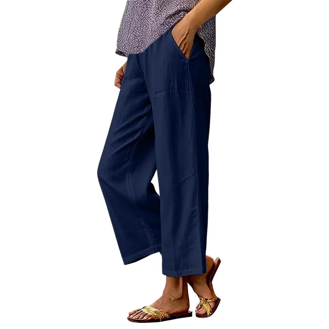 Womens Solid Color Cotton Linen Loose Fit Wide Leg Casual Pants Navy - Shop at LoveMi