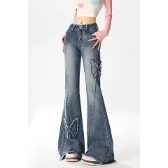 American Retro Butterfly Embroidery Slightly Flared Jeans Women - 395 Blue - View 1