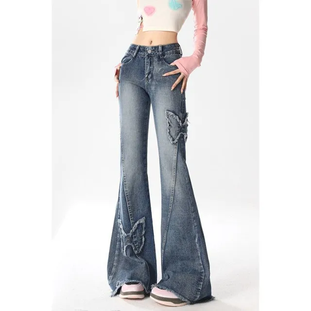 American Retro Butterfly Embroidery Slightly Flared Jeans Women 395 Blue - Shop at LoveMi