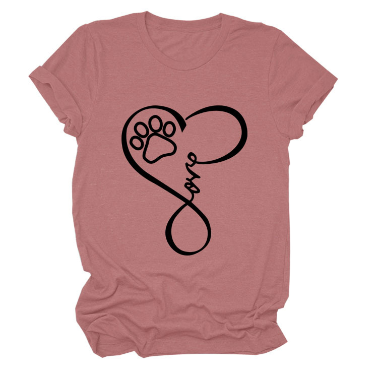 Dog Print Heart Printing Round Neck Short Sleeve Women's Clothing Rose Gold Black Font - Shop at LoveMi