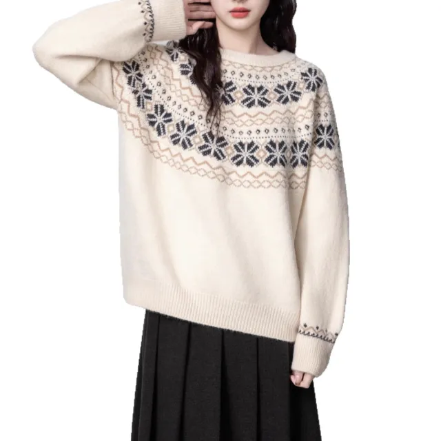 Women's Vintage Fair Island Woven Thickened Crew Neck Pullover Sweater Milky White - Shop at LoveMi