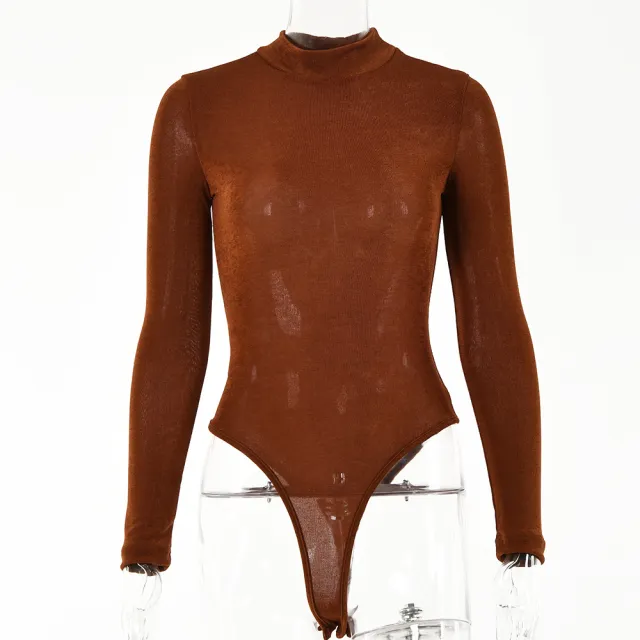 Women's Thickened Jumpsuit Long Sleeve Round Neck Bottoming Shirt Brown - Shop at LoveMi