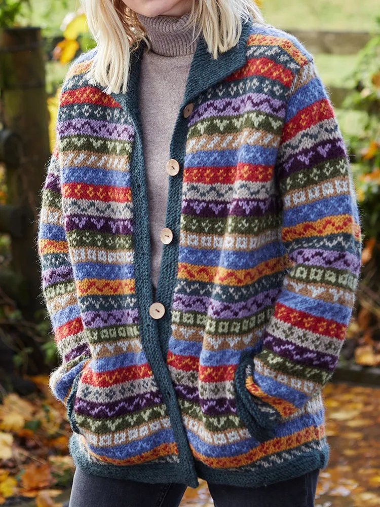 Digital Printing Winter Cardigan Long Sleeve Loose Sweater - Pruple-M