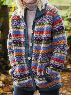 Digital Printing Winter Cardigan Long Sleeve Loose Sweater - Pruple-M - View 1