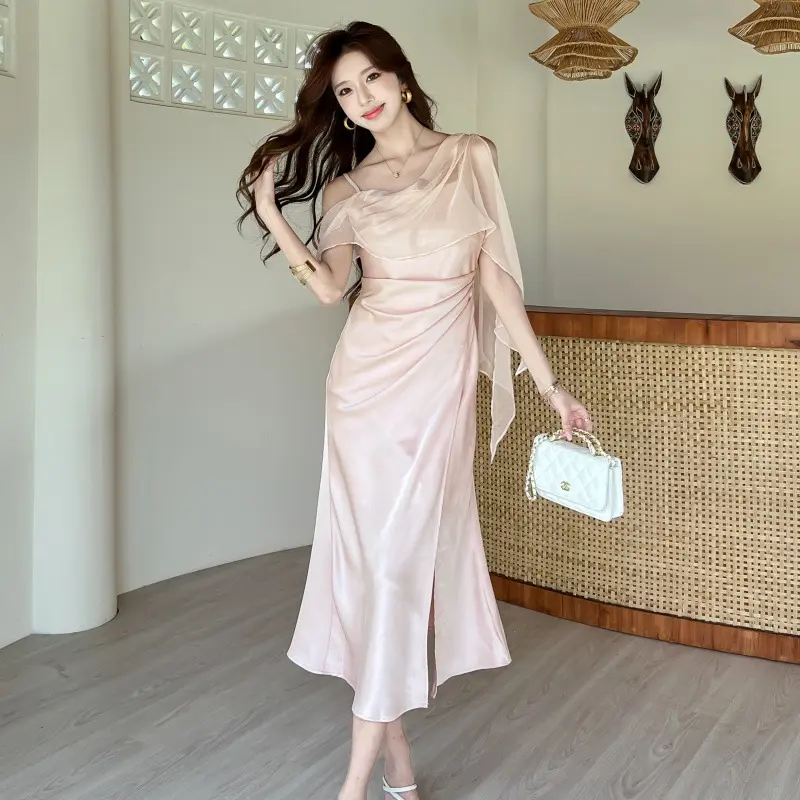 French-style Ribbon-detail Niche Satin Evening Dress