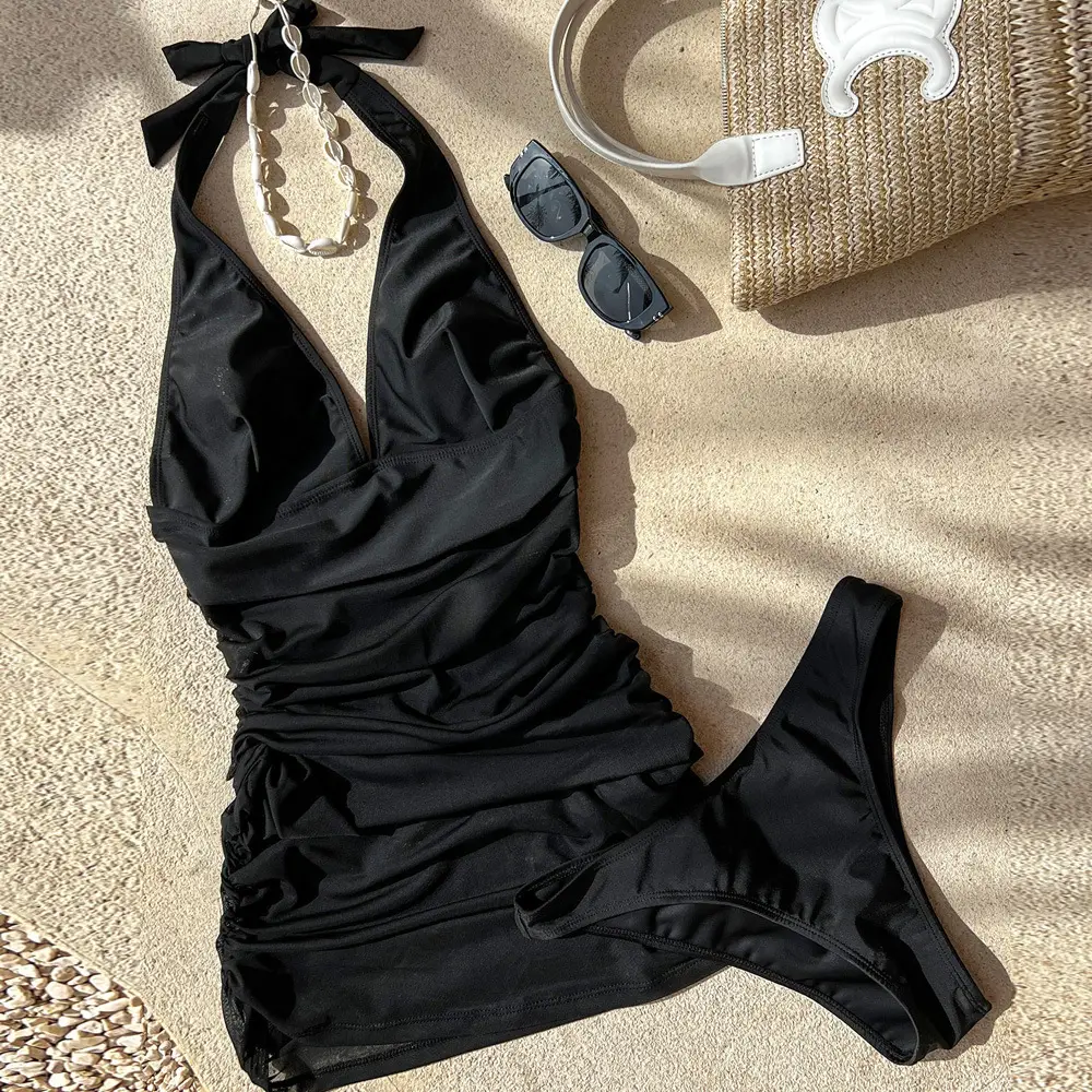 New Halter Deep-V Sexy Two-Piece Swimsuit Black Bikini