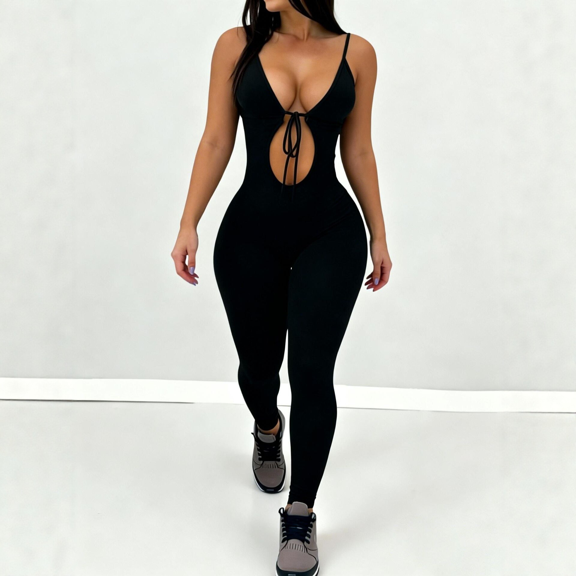 Womens Slimming Sexy Strappy Hollow-Out Solid Color Jumpsuit