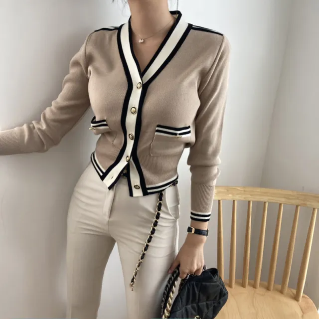 V neck Stitching Metal Button Long Sleeve Knitted Cardigan Sweater Khaki - Shop at LoveMi