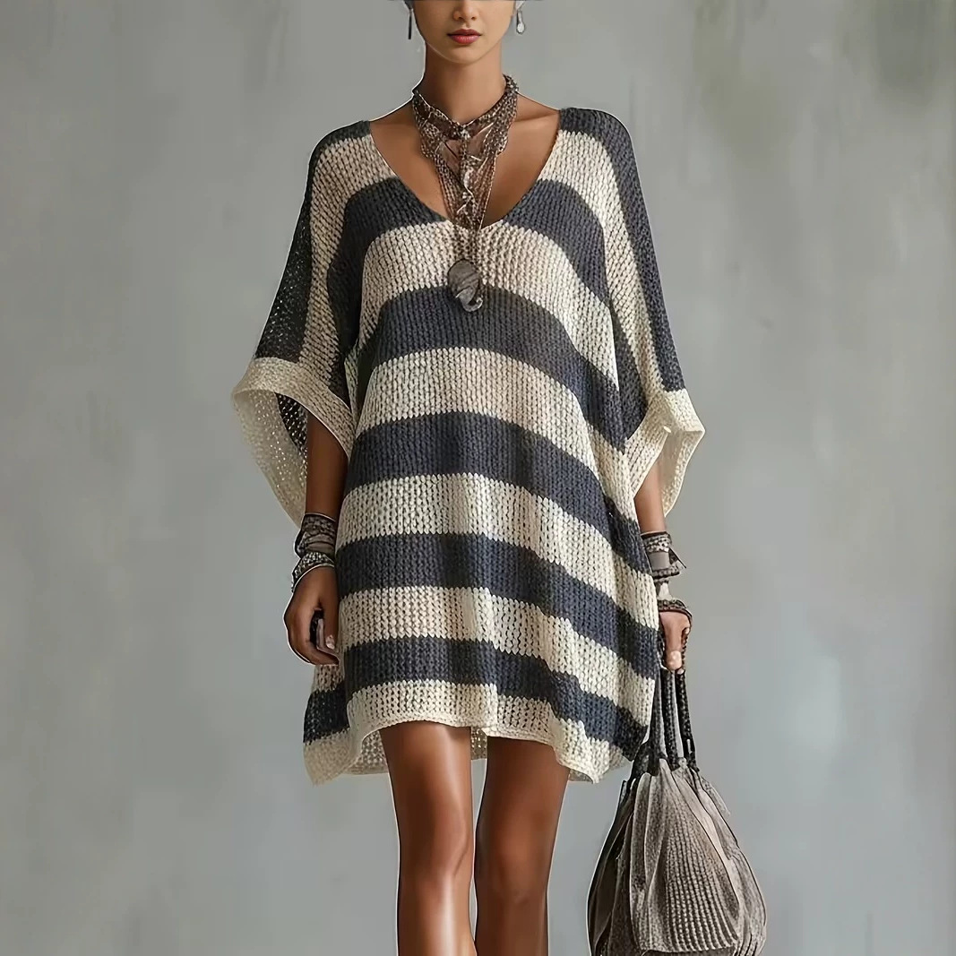 Plus-size Knit Sweater With A V-neck Puff Sleeves And A Color-block Design Relaxed Fit