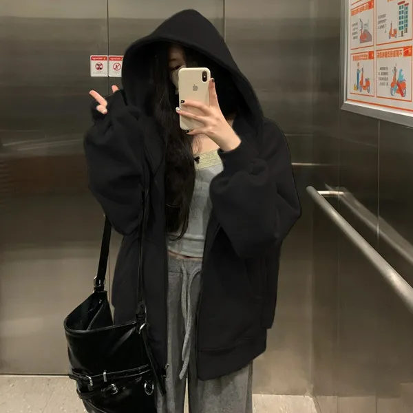 Women's Sweater Fleece Zipper Cardigan Hooded Coat - Black