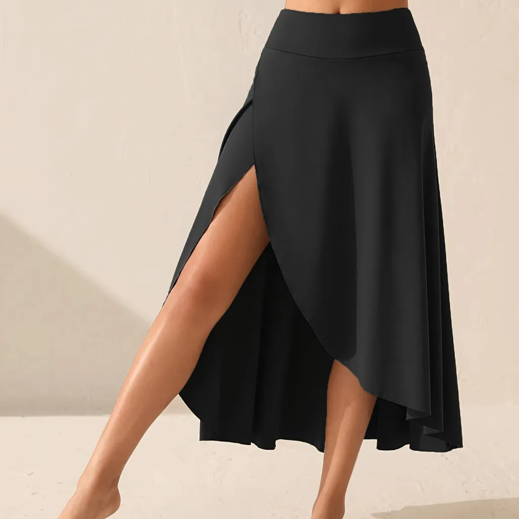 Womens Solid-Color High-Waisted Side-Slit Skirt - Black