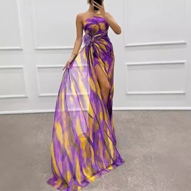 Chiffon Floral Print Slit Dress INS Casual Party Long Women's Clothing Dress Purple - Shop at LoveMi
